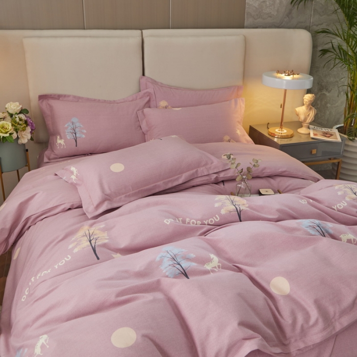 91家纺网 家纺一手货源 找家纺 金纱玉纺 2022新款全棉印花加厚磨毛四件套 麋鹿森林-豆沙