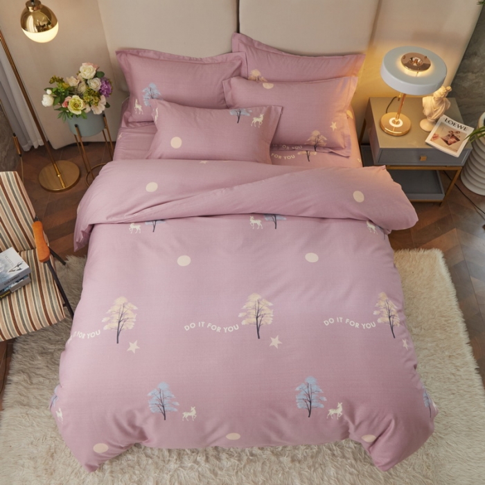 91家纺网 家纺一手货源 找家纺 金纱玉纺 2022新款全棉印花加厚磨毛四件套 麋鹿森林-豆沙