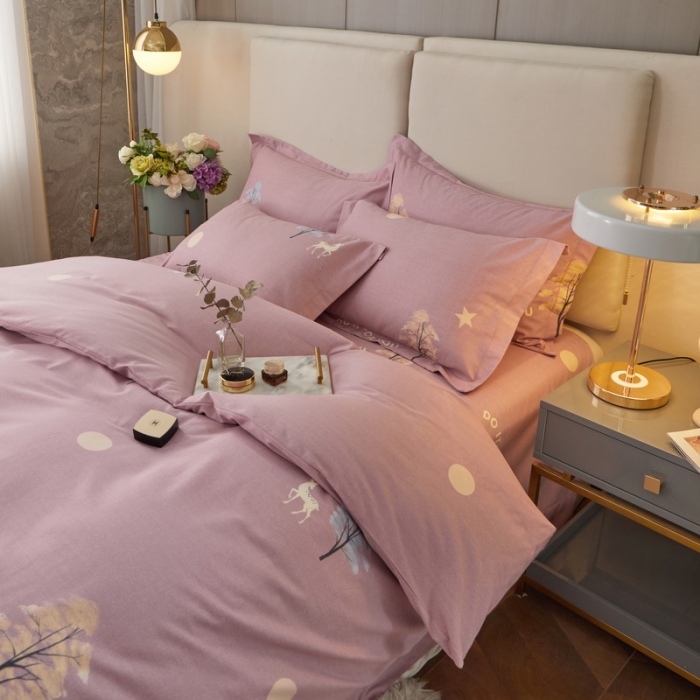 91家纺网 家纺一手货源 找家纺 金纱玉纺 2022新款全棉印花加厚磨毛四件套 麋鹿森林-豆沙