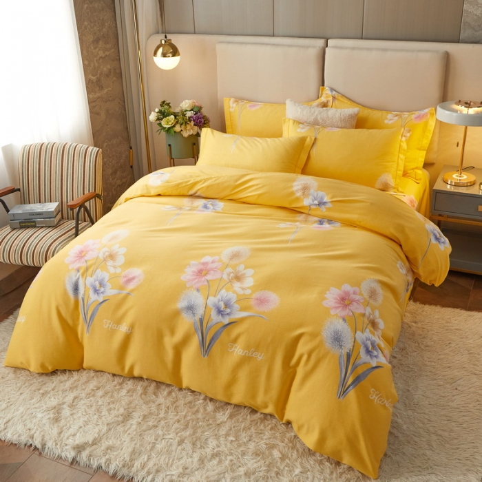 91家纺网 家纺一手货源 找家纺 金纱玉纺 2022新款全棉印花加厚磨毛四件套 暮云间-黄