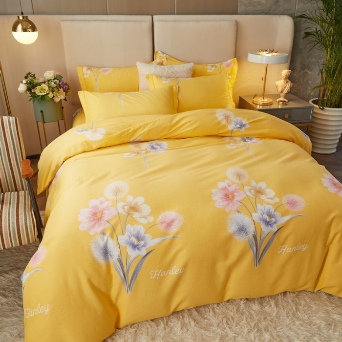 91家纺网 家纺一手货源 找家纺 金纱玉纺 2022新款全棉印花加厚磨毛四件套 暮云间-黄