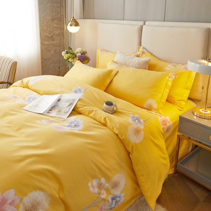 91家纺网 家纺一手货源 找家纺 金纱玉纺 2022新款全棉印花加厚磨毛四件套 暮云间-黄