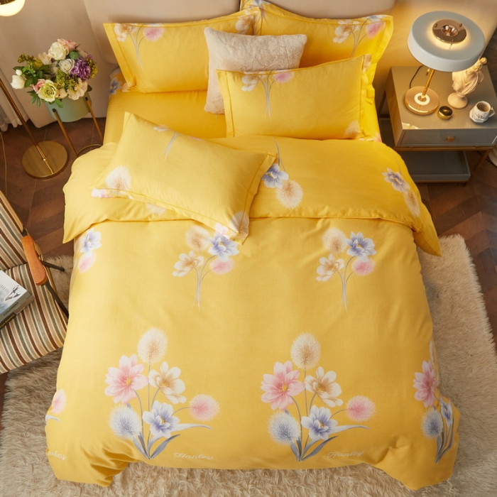 91家纺网 家纺一手货源 找家纺 金纱玉纺 2022新款全棉印花加厚磨毛四件套 暮云间-黄