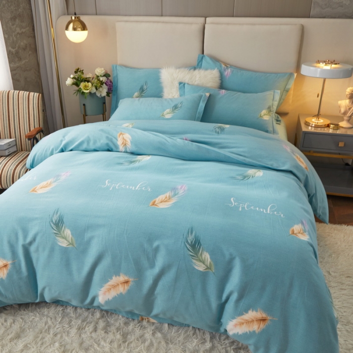 91家纺网 家纺一手货源 找家纺 金纱玉纺 2022新款全棉印花加厚磨毛四件套 笑颜-蓝