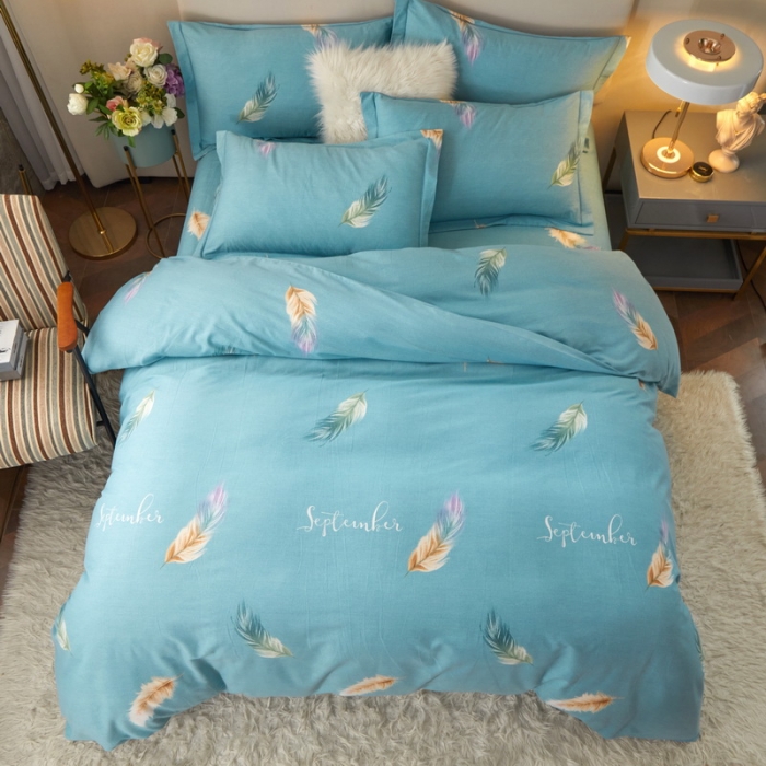 91家纺网 家纺一手货源 找家纺 金纱玉纺 2022新款全棉印花加厚磨毛四件套 笑颜-蓝