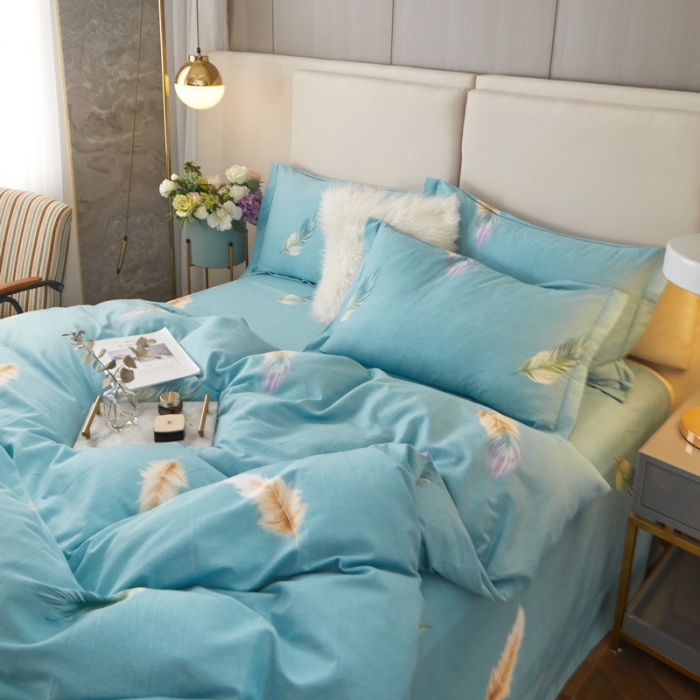 91家纺网 家纺一手货源 找家纺 金纱玉纺 2022新款全棉印花加厚磨毛四件套 笑颜-蓝