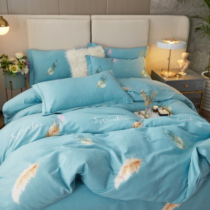 91家纺网 家纺一手货源 找家纺 金纱玉纺 2022新款全棉印花加厚磨毛四件套 笑颜-蓝