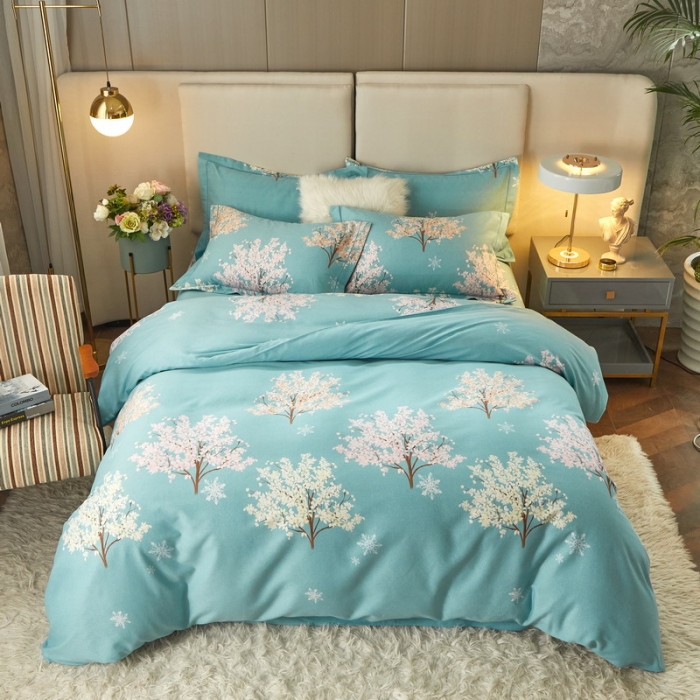 91家纺网 家纺一手货源 找家纺 金纱玉纺 2022新款全棉印花加厚磨毛四件套 幸运树-绿