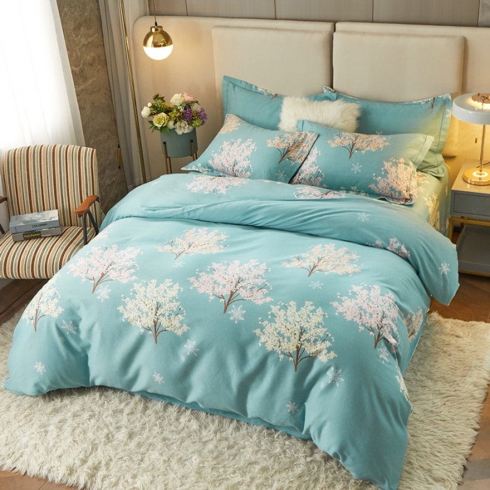 91家纺网 家纺一手货源 找家纺 金纱玉纺 2022新款全棉印花加厚磨毛四件套 幸运树-绿