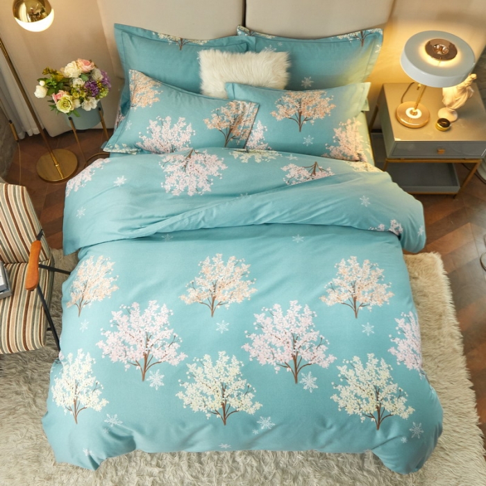 91家纺网 家纺一手货源 找家纺 金纱玉纺 2022新款全棉印花加厚磨毛四件套 幸运树-绿