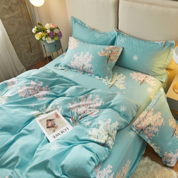 91家纺网 家纺一手货源 找家纺 金纱玉纺 2022新款全棉印花加厚磨毛四件套 幸运树-绿