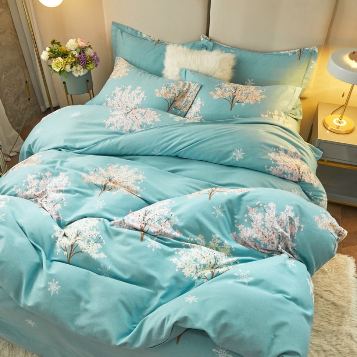 91家纺网 家纺一手货源 找家纺 金纱玉纺 2022新款全棉印花加厚磨毛四件套 幸运树-绿