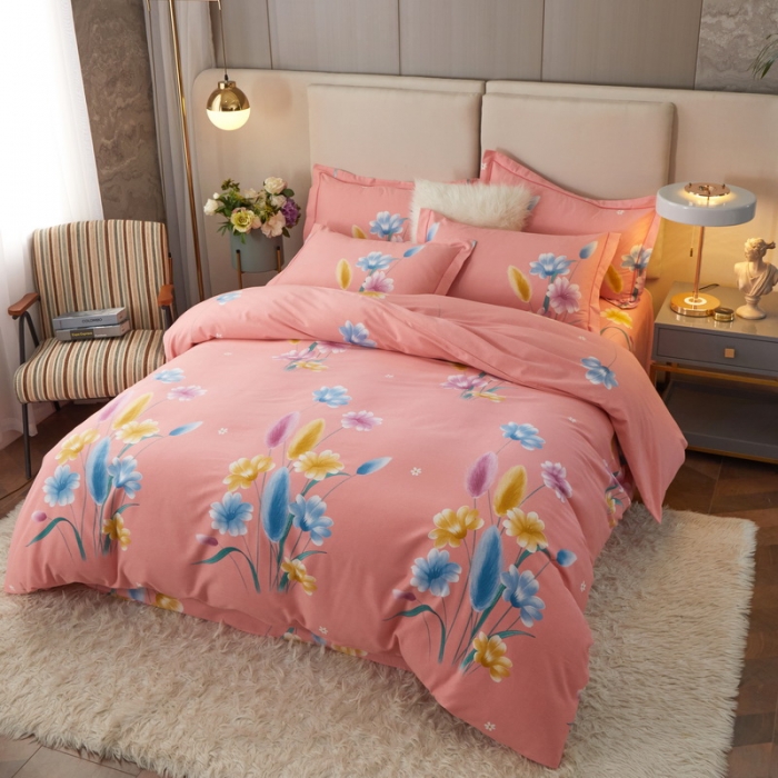 91家纺网 家纺一手货源 找家纺 金纱玉纺 2022新款全棉印花加厚磨毛四件套 萱草梦-粉