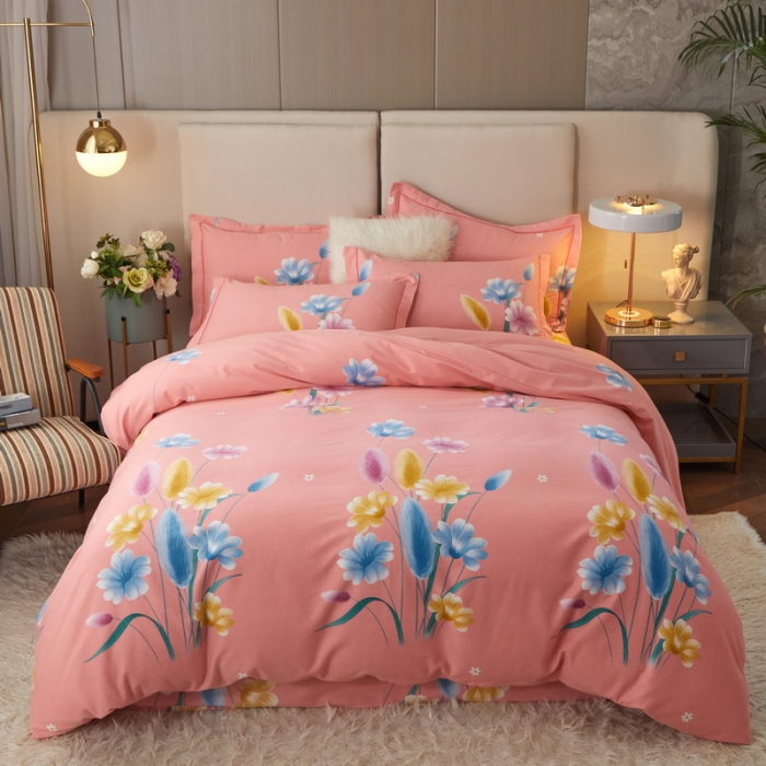 91家纺网 家纺一手货源 找家纺 金纱玉纺 2022新款全棉印花加厚磨毛四件套 萱草梦-粉