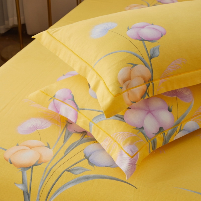 91家纺网 家纺一手货源 找家纺 金纱玉纺 2022新款全棉印花加厚磨毛四件套 寻花季-黄