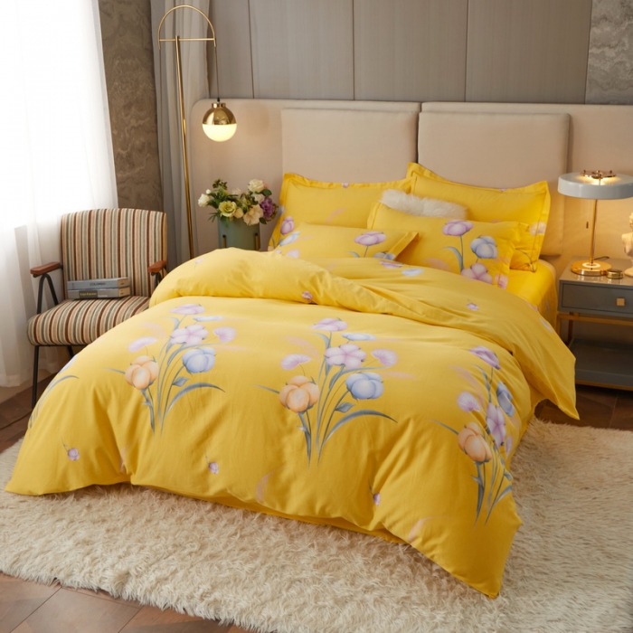 91家纺网 家纺一手货源 找家纺 金纱玉纺 2022新款全棉印花加厚磨毛四件套 寻花季-黄