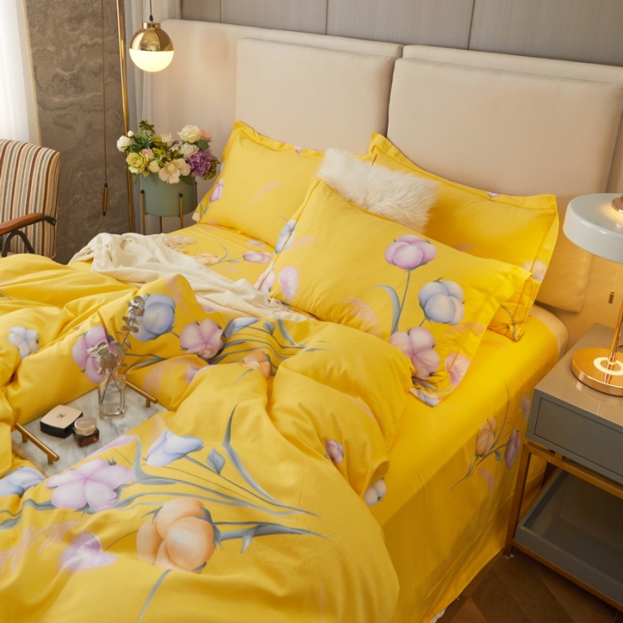 91家纺网 家纺一手货源 找家纺 金纱玉纺 2022新款全棉印花加厚磨毛四件套 寻花季-黄