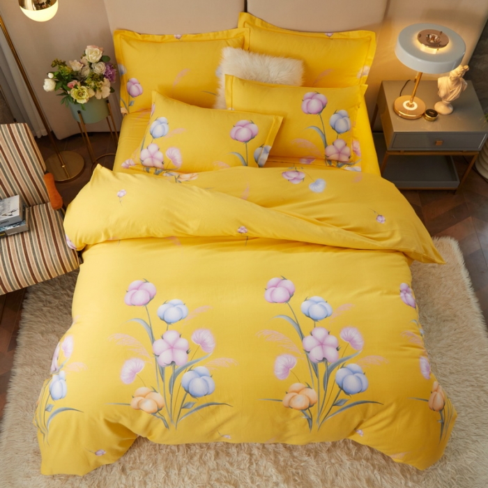 91家纺网 家纺一手货源 找家纺 金纱玉纺 2022新款全棉印花加厚磨毛四件套 寻花季-黄