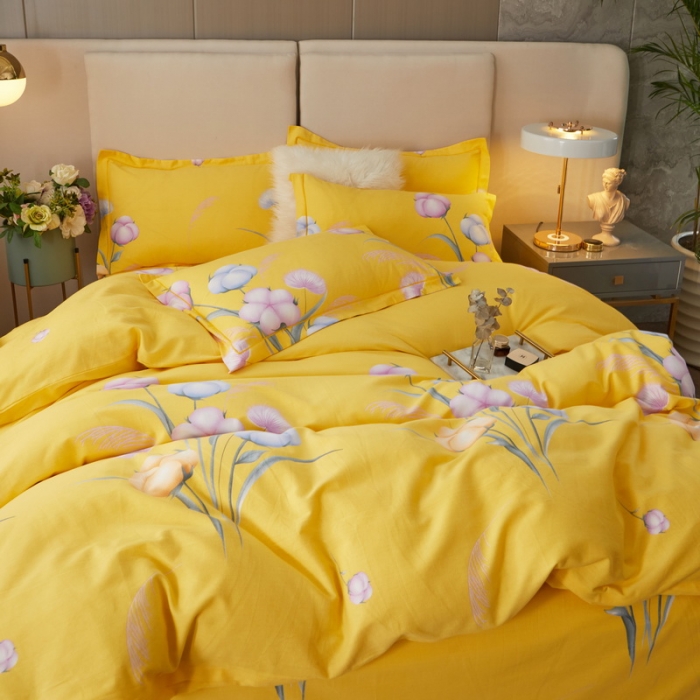 91家纺网 家纺一手货源 找家纺 金纱玉纺 2022新款全棉印花加厚磨毛四件套 寻花季-黄