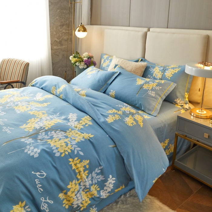 91家纺网 家纺一手货源 找家纺 金纱玉纺 2022新款全棉印花加厚磨毛四件套 寻觅留香-蓝