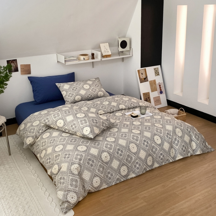 91家纺网 家纺一手货源 找家纺 22新款40支13372全棉简约风水洗混搭四件套 复古腰果花