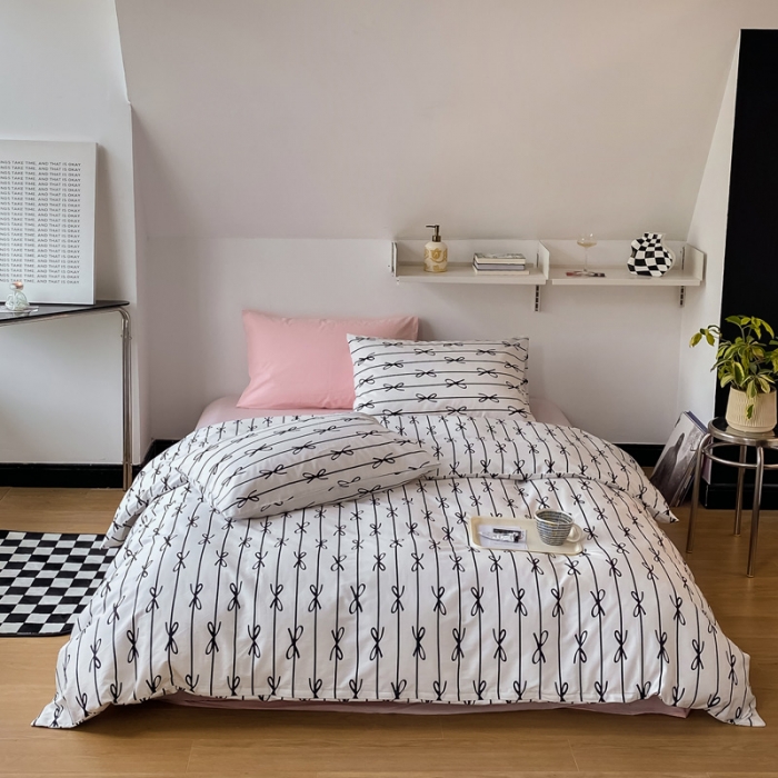 91家纺网 家纺一手货源 找家纺 2022新款40支13372全棉简约风水洗混搭四件套 蝴蝶结