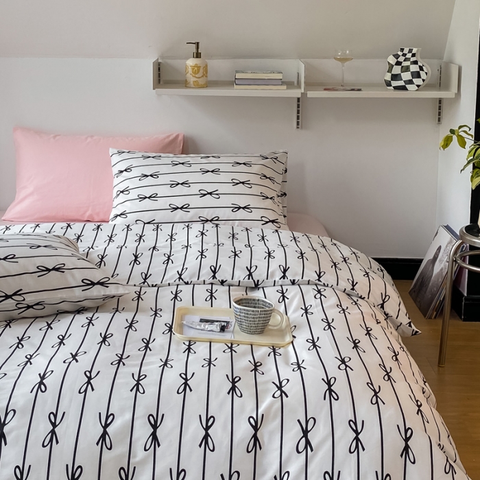 91家纺网 家纺一手货源 找家纺 2022新款40支13372全棉简约风水洗混搭四件套 蝴蝶结