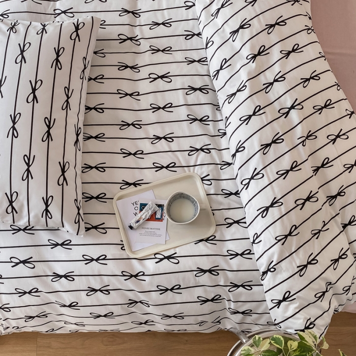 91家纺网 家纺一手货源 找家纺 2022新款40支13372全棉简约风水洗混搭四件套 蝴蝶结