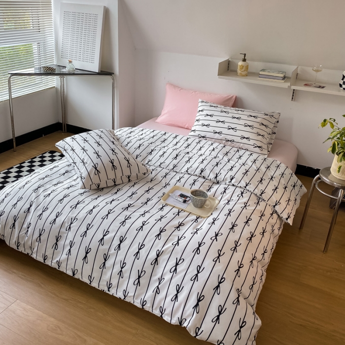 91家纺网 家纺一手货源 找家纺 2022新款40支13372全棉简约风水洗混搭四件套 蝴蝶结