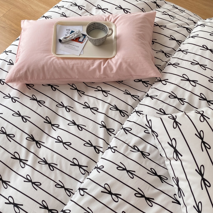 91家纺网 家纺一手货源 找家纺 2022新款40支13372全棉简约风水洗混搭四件套 蝴蝶结