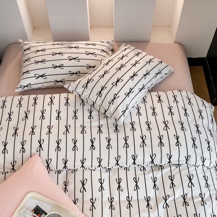 91家纺网 家纺一手货源 找家纺 2022新款40支13372全棉简约风水洗混搭四件套 蝴蝶结