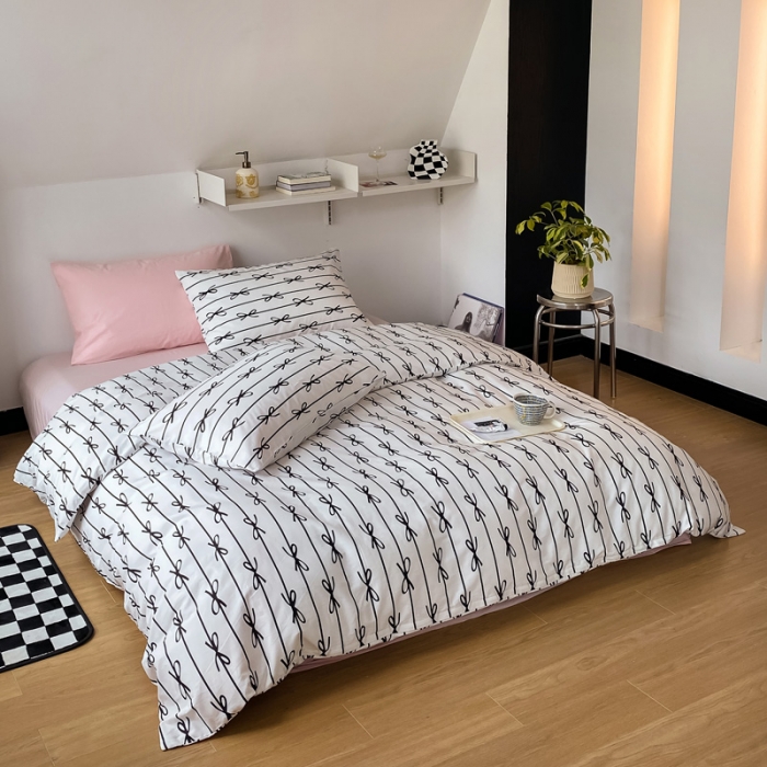 91家纺网 家纺一手货源 找家纺 2022新款40支13372全棉简约风水洗混搭四件套 蝴蝶结