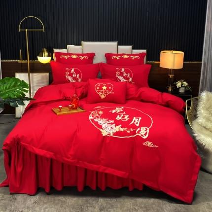 91家纺网 家纺一手货源 找家纺 婚庆四件套大红色刺绣结婚六七件套多件套喜庆婚礼婚被床上用品 花好月圆