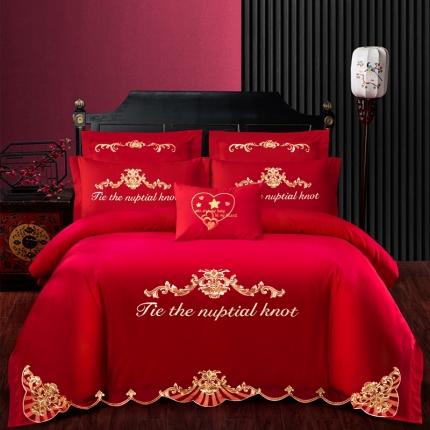 91家纺网 家纺一手货源 找家纺 婚庆四件套大红色刺绣结婚六七件套多件套喜庆婚礼婚被床上用品 天缘巧合