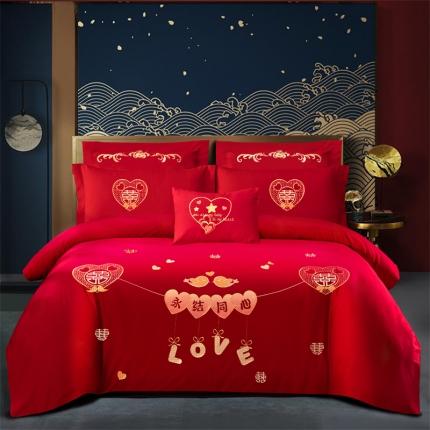 91家纺网 家纺一手货源 找家纺 婚庆四件套大红色刺绣结婚六七件套多件套喜庆婚礼婚被床上用品 鸳鸯同心