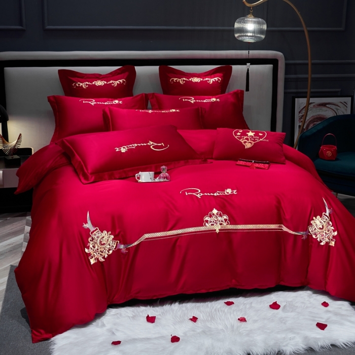 91家纺网 家纺一手货源 找家纺 婚庆四件套大红色刺绣结婚六七件套多件套喜庆婚礼婚被床上用品 爱的约定