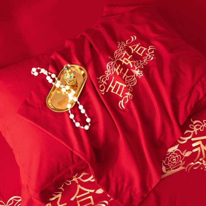 91家纺网 家纺一手货源 找家纺 婚庆四件套大红色刺绣结婚六七件套多件套喜庆婚礼婚被床上用品 百年同心