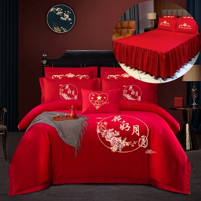 91家纺网 家纺一手货源 找家纺 婚庆四件套大红色刺绣结婚六七件套多件套喜庆婚礼婚被床上用品 花好月圆