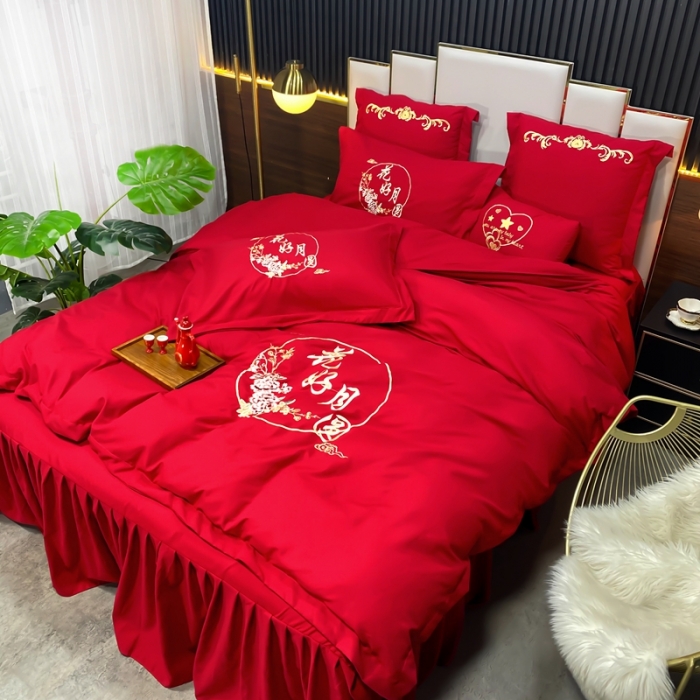 91家纺网 家纺一手货源 找家纺 婚庆四件套大红色刺绣结婚六七件套多件套喜庆婚礼婚被床上用品 花好月圆