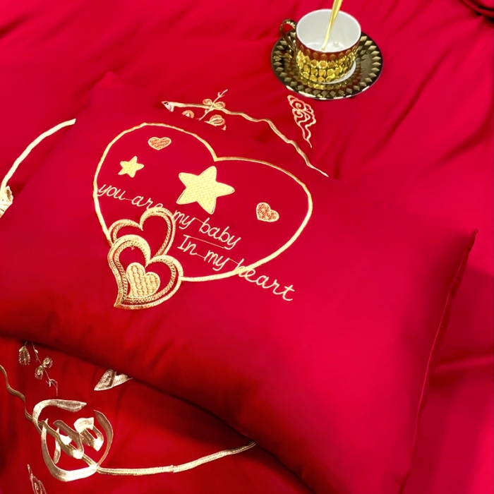 91家纺网 家纺一手货源 找家纺 婚庆四件套大红色刺绣结婚六七件套多件套喜庆婚礼婚被床上用品 花好月圆