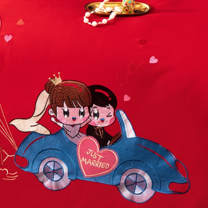 91家纺网 家纺一手货源 找家纺 婚庆四件套大红色刺绣结婚六七件套多件套喜庆婚礼婚被床上用品 浪漫旅行