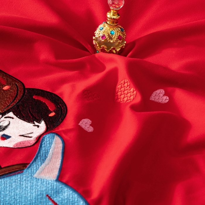 91家纺网 家纺一手货源 找家纺 婚庆四件套大红色刺绣结婚六七件套多件套喜庆婚礼婚被床上用品 浪漫旅行