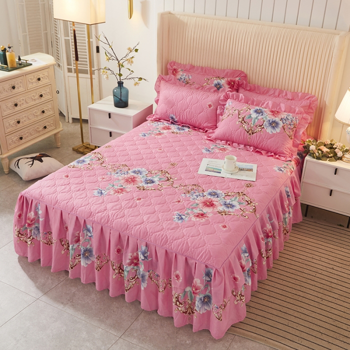 91家纺网 家纺一手货源 找家纺 美莱 2022新款夹棉加厚床裙单件床罩床裙防滑保护套 花开婷玉