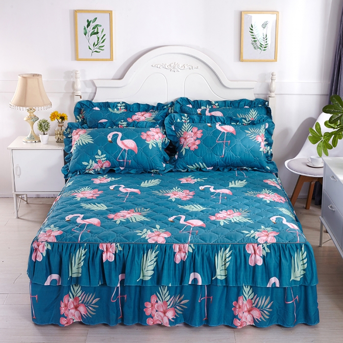 91家纺网 家纺一手货源 找家纺 美莱 2022新款夹棉加厚床裙单件床罩床裙防滑保护套 火烈鸟