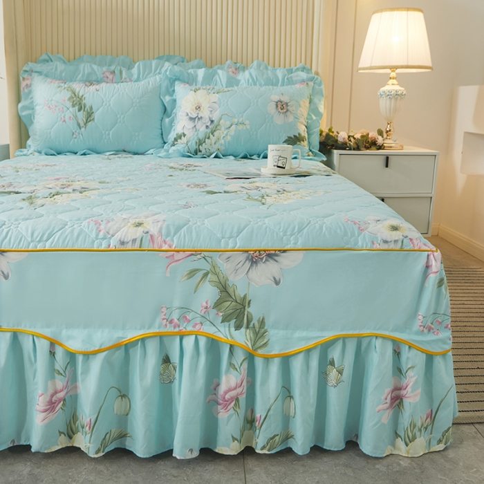 91家纺网 家纺一手货源 找家纺 美莱 2022新款夹棉加厚床裙单件床罩床裙防滑保护套 蕉叶情深