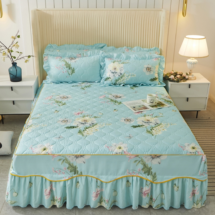 91家纺网 家纺一手货源 找家纺 美莱 2022新款夹棉加厚床裙单件床罩床裙防滑保护套 蕉叶情深