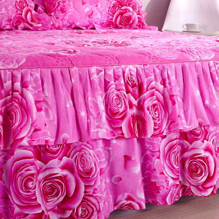 91家纺网 家纺一手货源 找家纺 美莱 2022新款夹棉加厚床裙单件床罩床裙防滑保护套 玫瑰爱人-粉