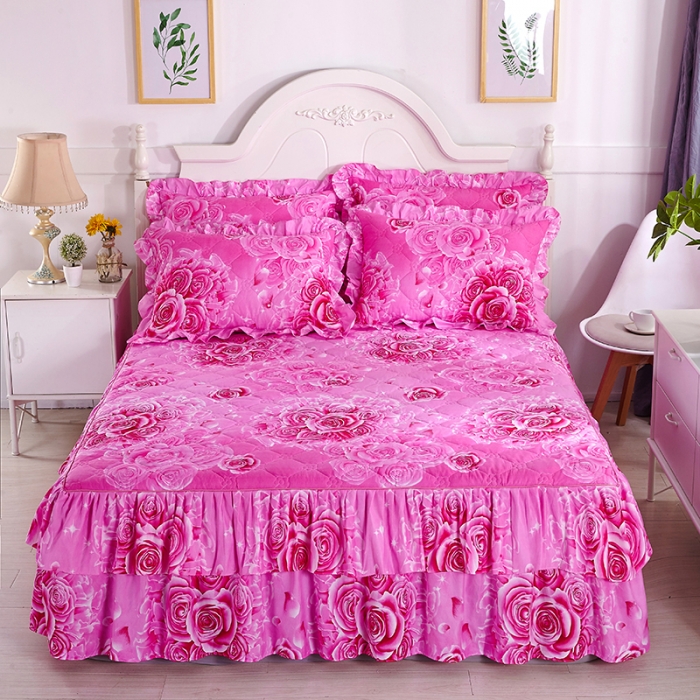91家纺网 家纺一手货源 找家纺 美莱 2022新款夹棉加厚床裙单件床罩床裙防滑保护套 玫瑰爱人-粉