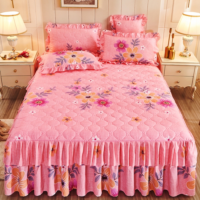 91家纺网 家纺一手货源 找家纺 美莱 2022新款夹棉加厚床裙单件床罩床裙防滑保护套 倾城之恋粉