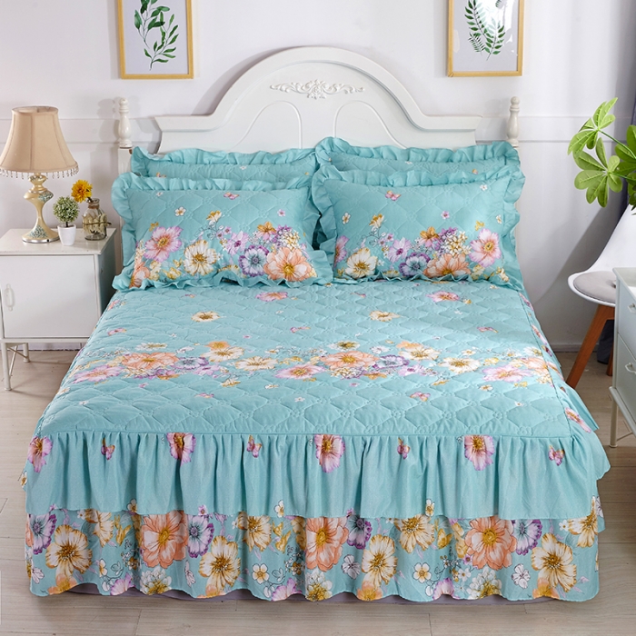 91家纺网 家纺一手货源 找家纺 美莱 2022新款夹棉加厚床裙单件床罩床裙防滑保护套 甜美花语-绿